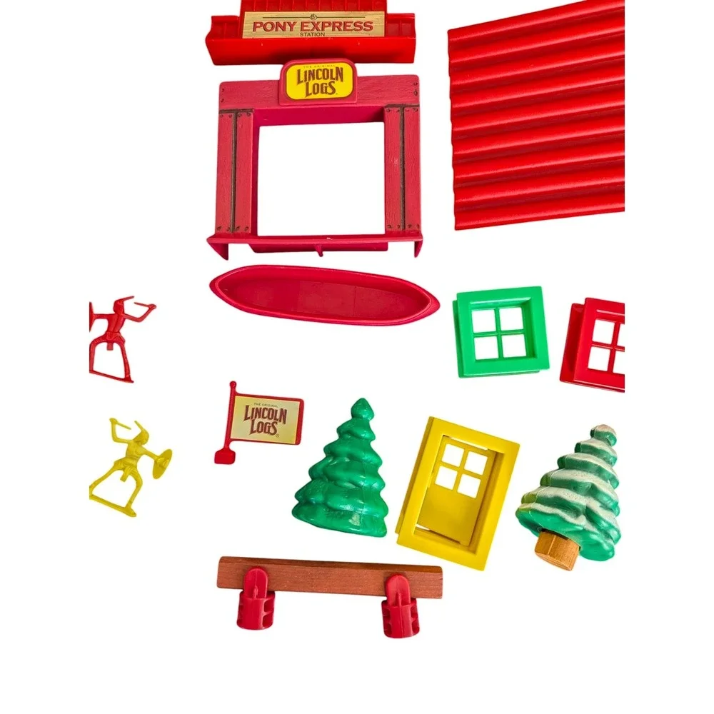 Lincoln Logs Vintage Plastic Accessory Lot Pony Express Gold Mine Teepee Trees